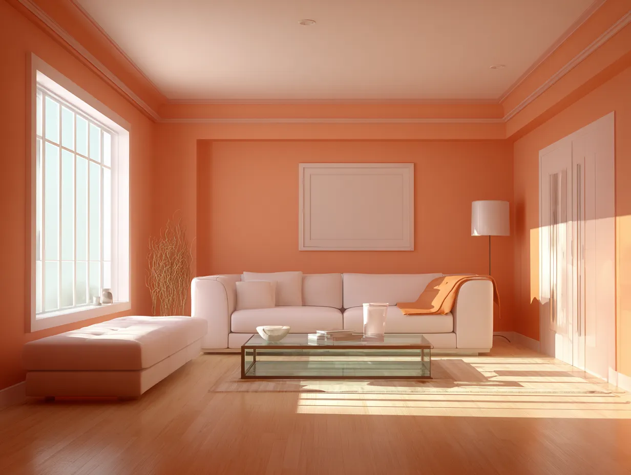 Modern living room showcasing monochromatic warm terracotta paint