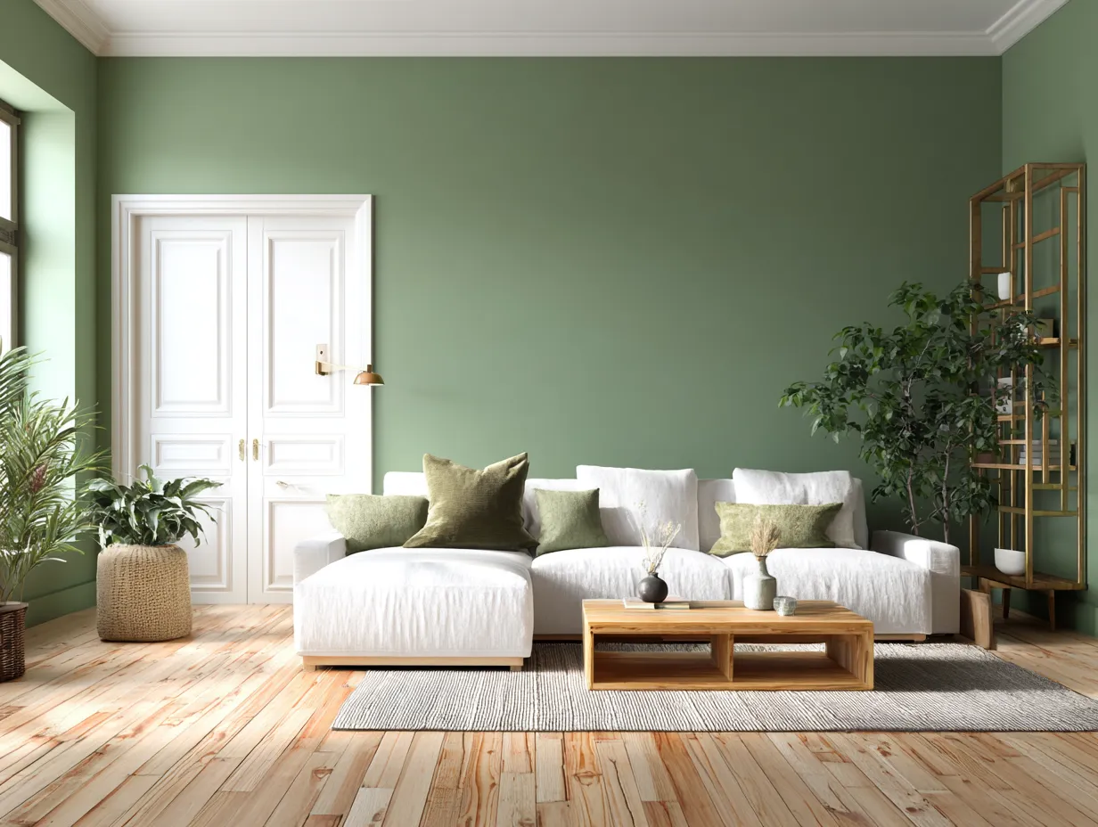 Soft dusty sage green paint covering a bright living space