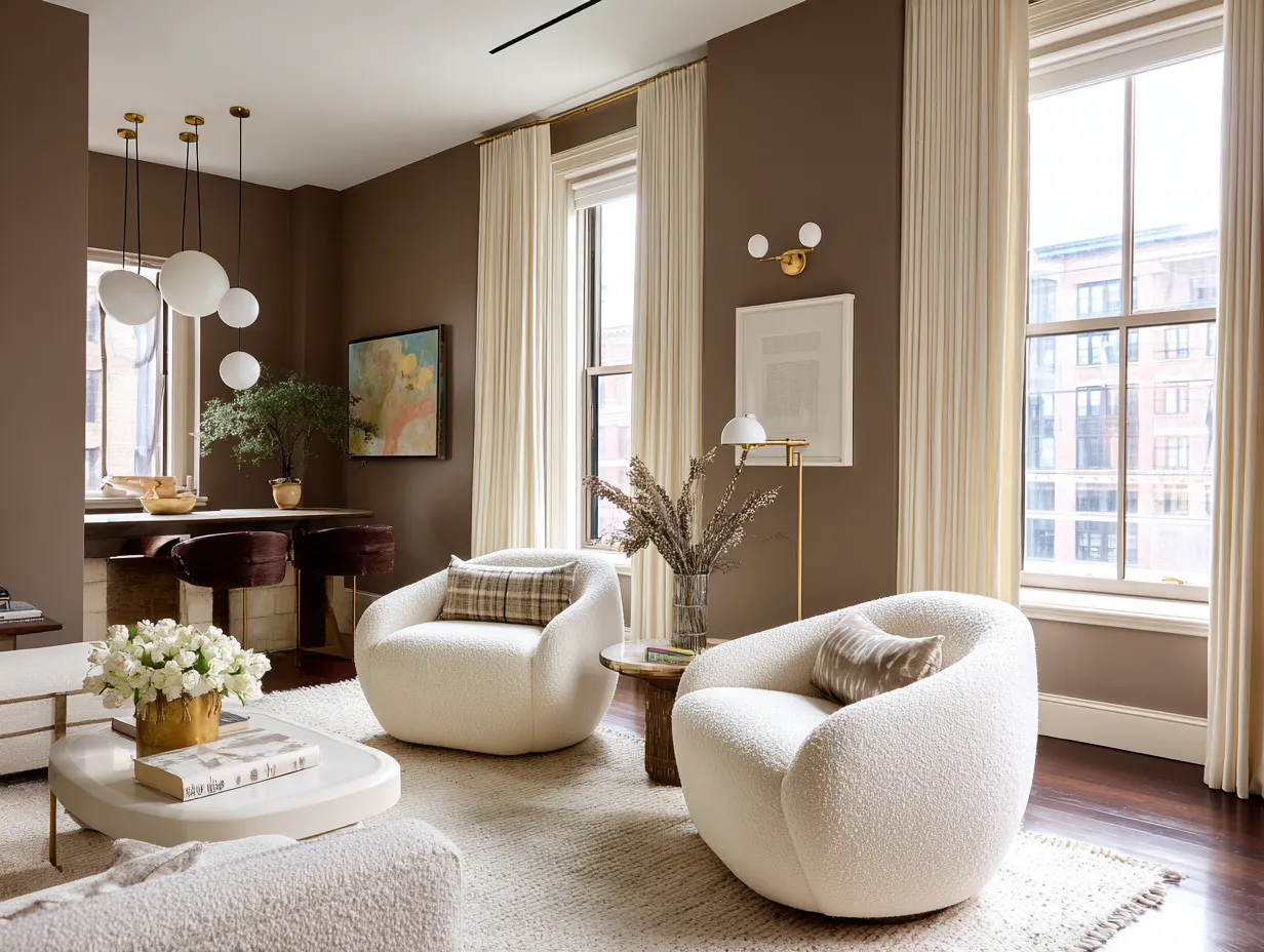Warm taupe monochromatic painted room with textured furniture