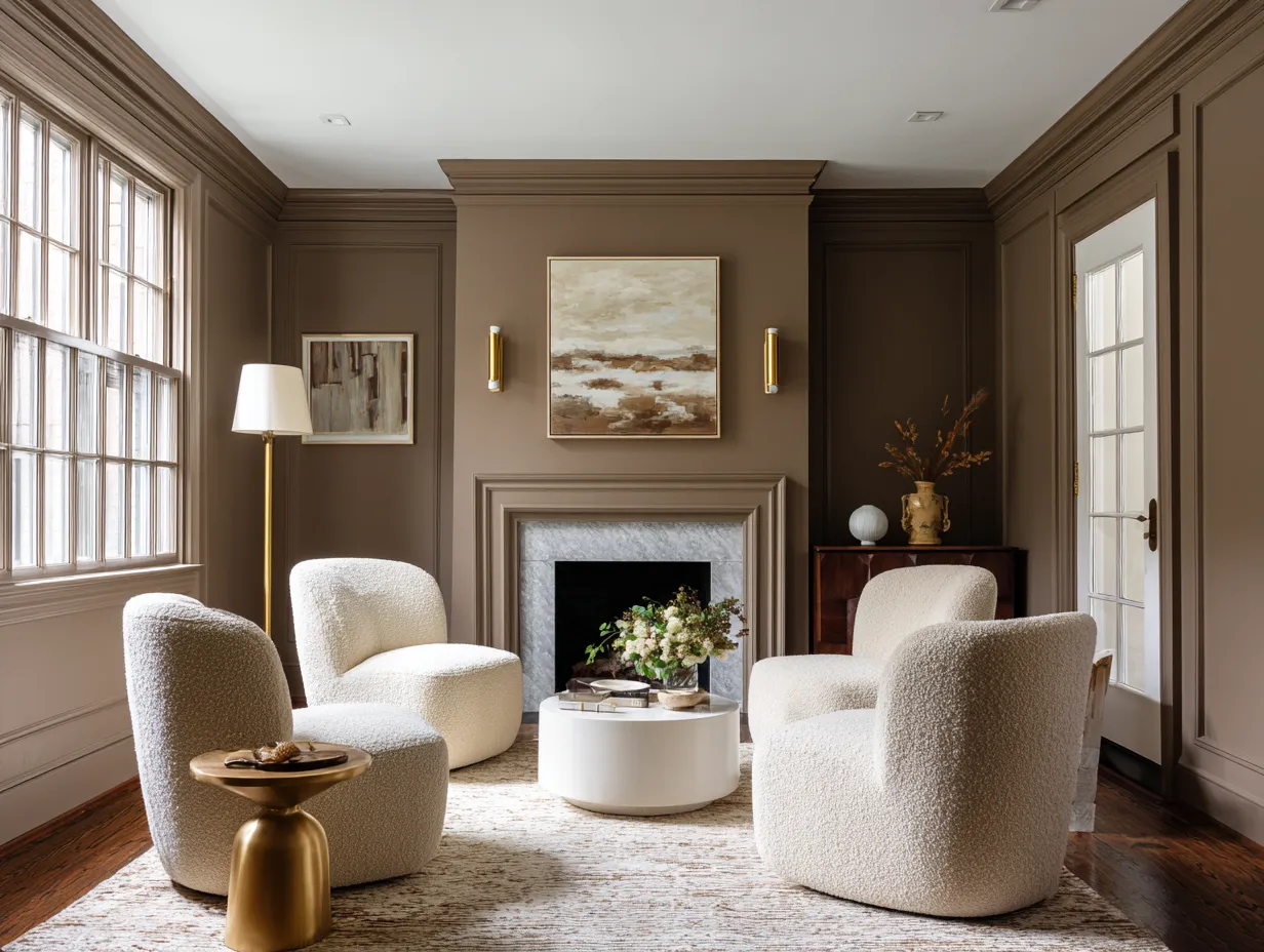 Styling a living room upgrade with boucle armchairs and brass lighting