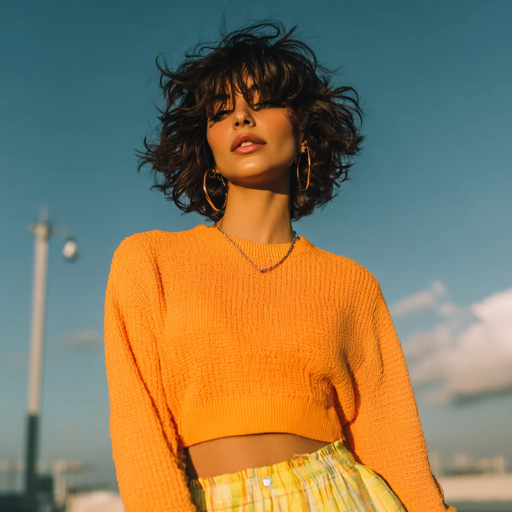 Woman showing off her natural texture layered shag haircut outdoors