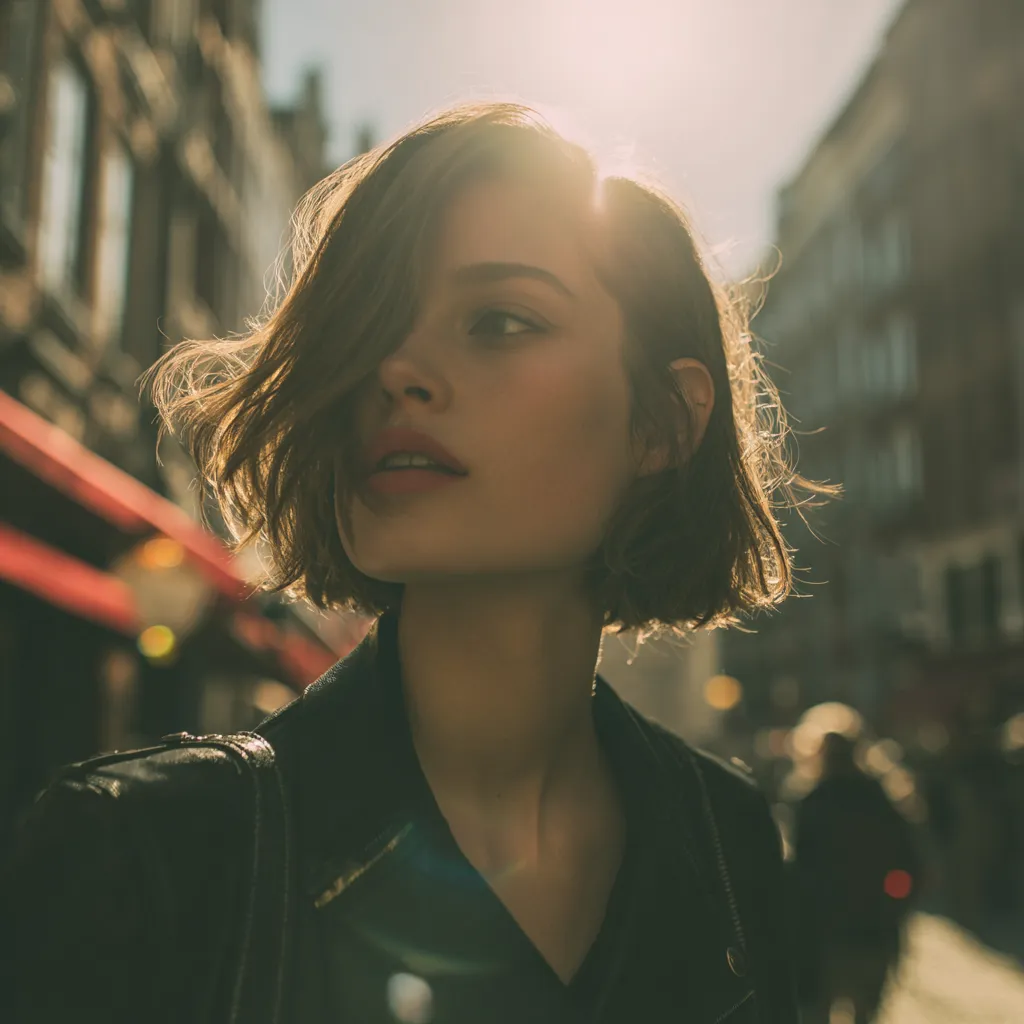 Low maintenance hair cut on a beautiful woman in the city