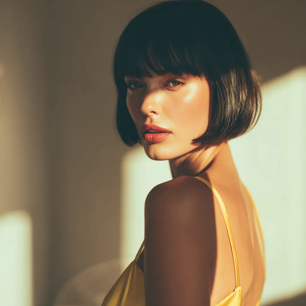 Woman with a wash and go bob hairstyle in a modern room