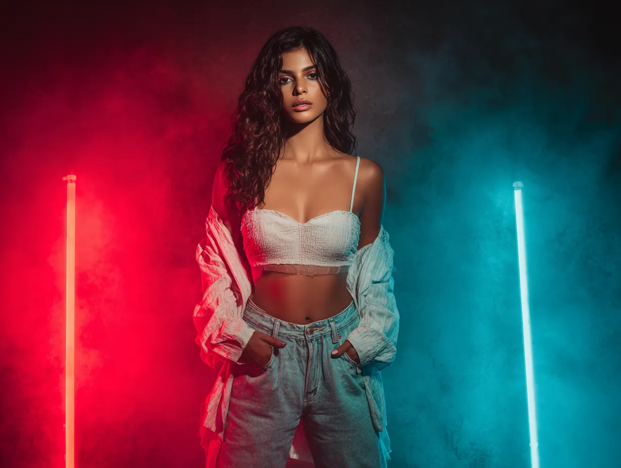 Model in bright studio wearing oversized denim pants