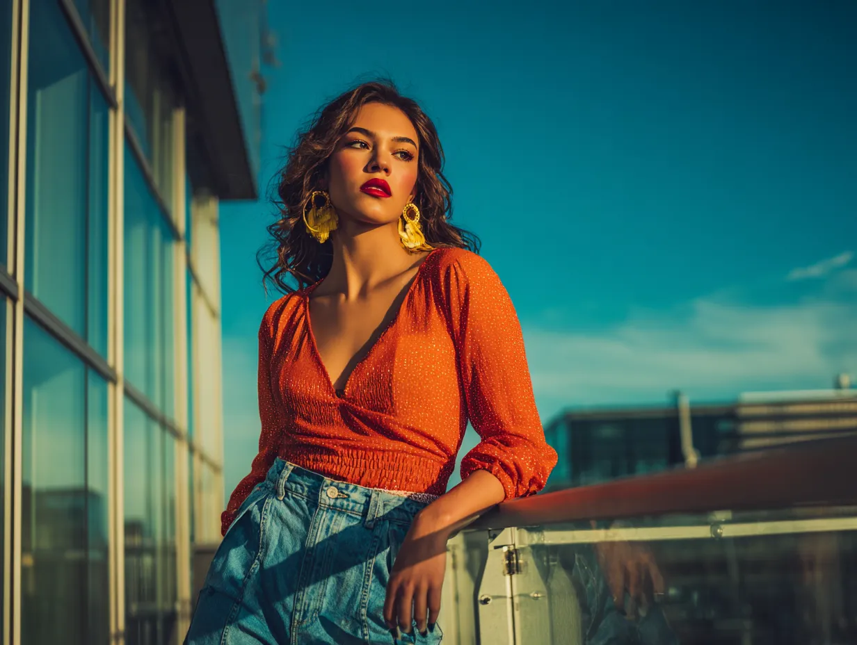 Sexy standing model in glamorous evening denim