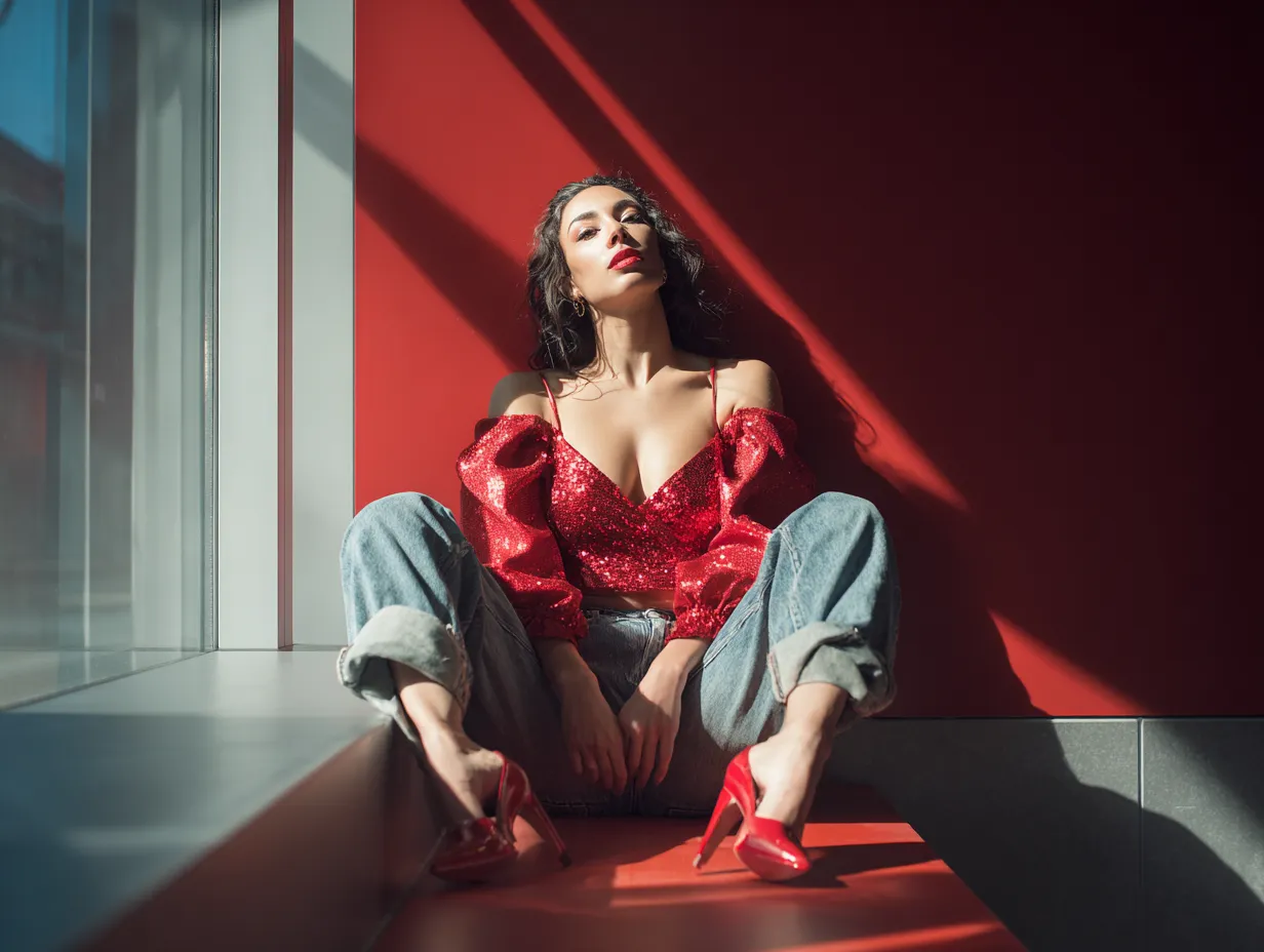 Vivid fashion shoot of night out denim outfit