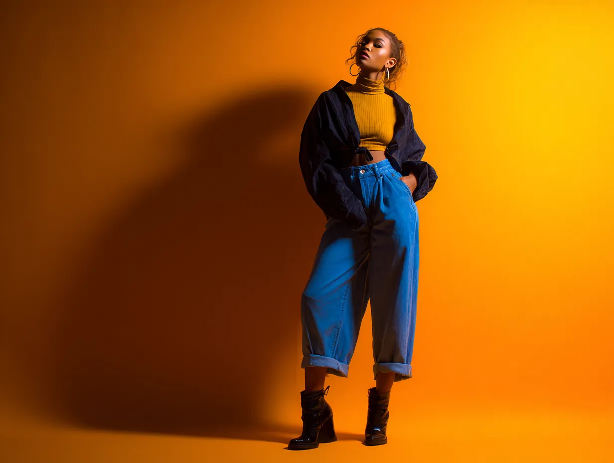 High contrast fashion photography of relaxed fit pants