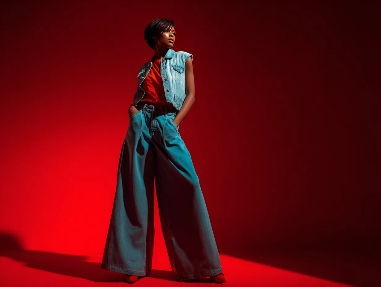 Editorial fashion model in vibrant denim clothing