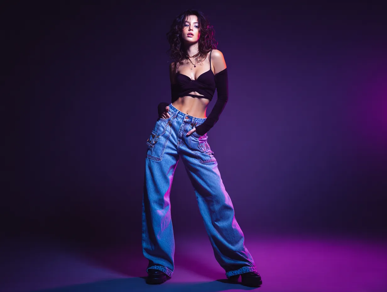 Bright studio fashion portrait with wide leg denim