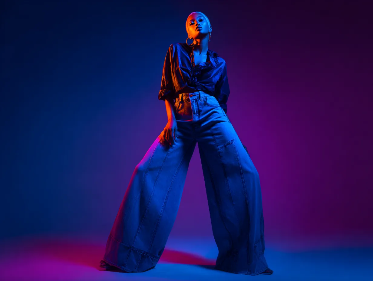Striking high contrast styling of oversized pants