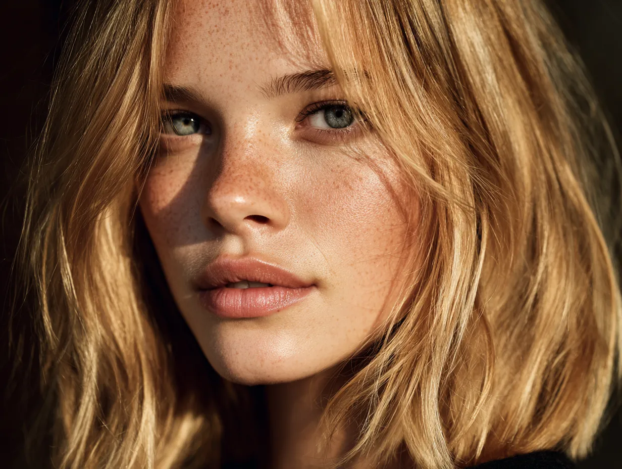 Face framing layers on a mid length blonde haircut