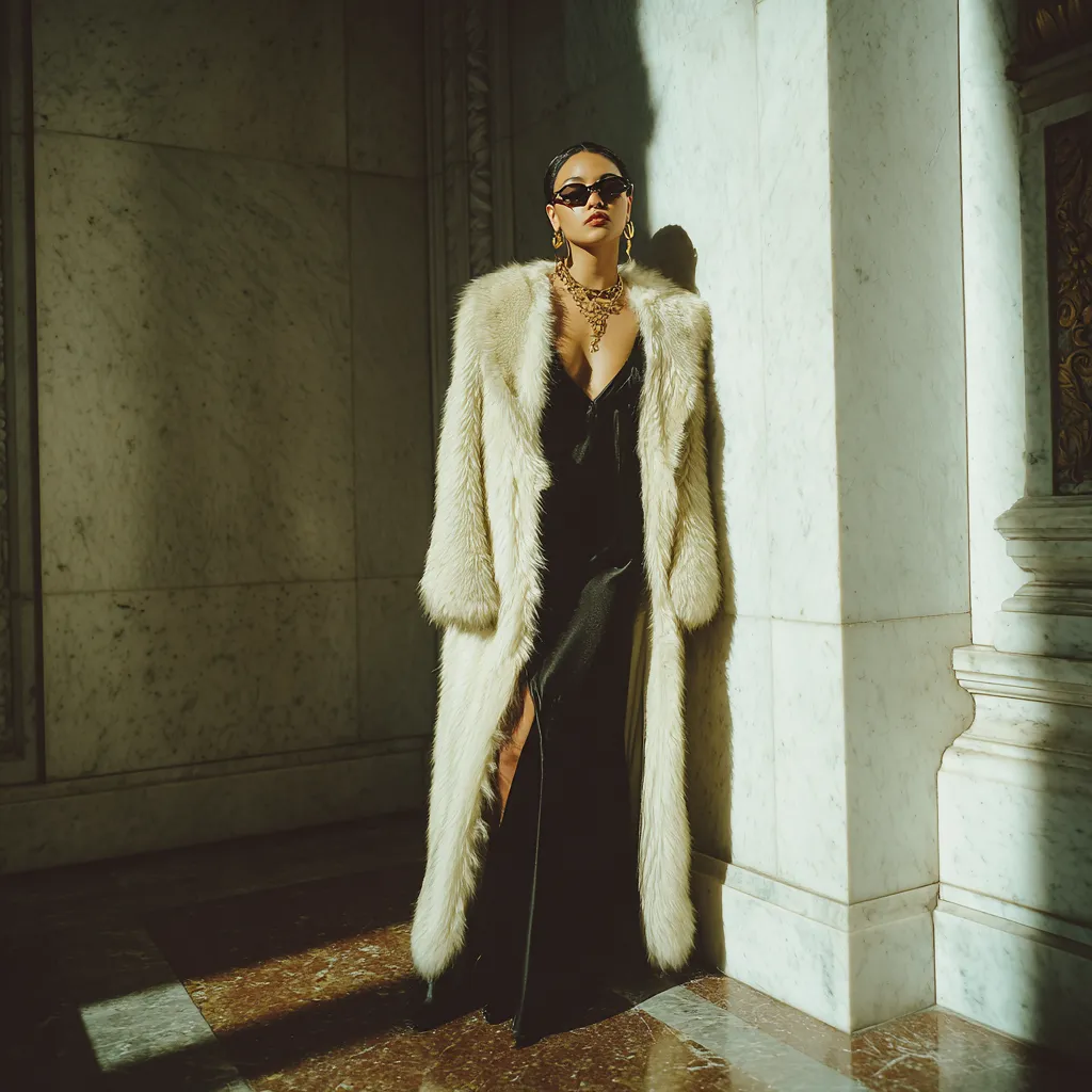 Faux fur coat and gold jewelry style