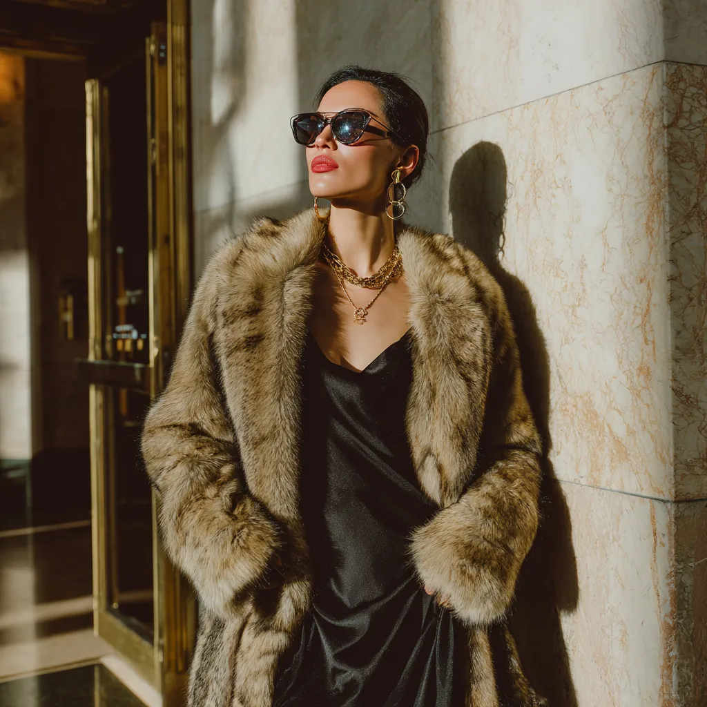 Model wearing mafia chic glamour revival outfit
