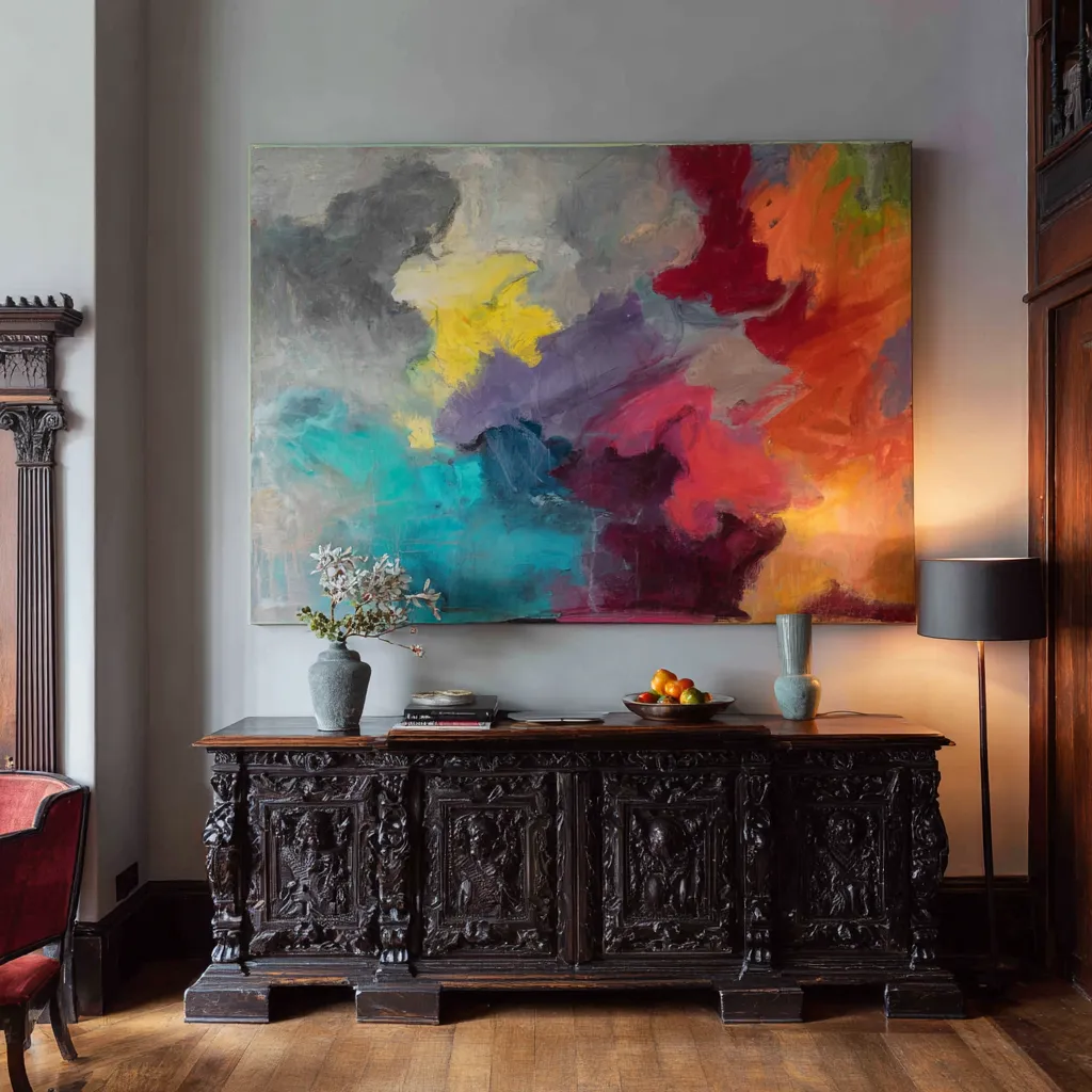 Interior design showcasing vibrant modern art and dark antique furniture