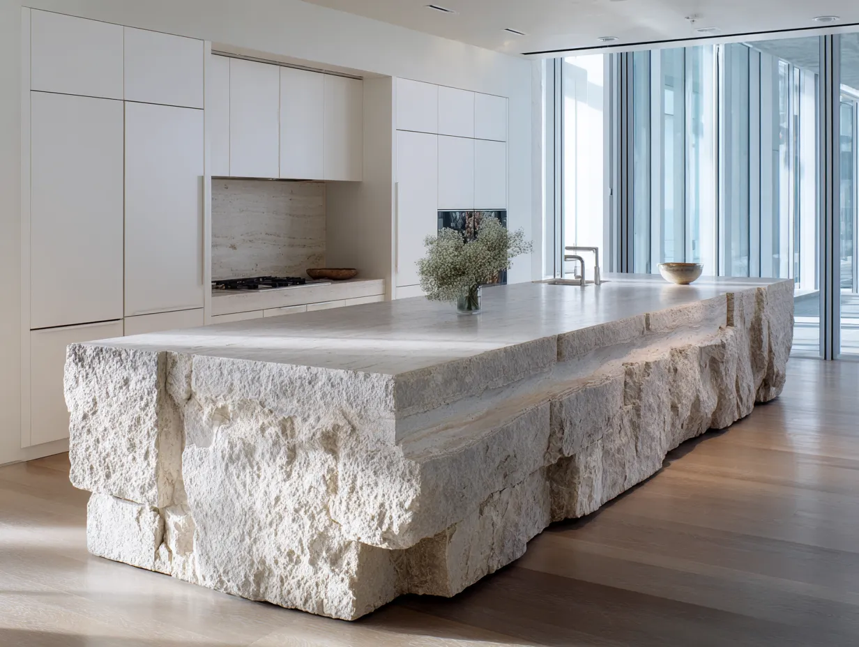 Sustainable kitchen interior with rough edge stone island