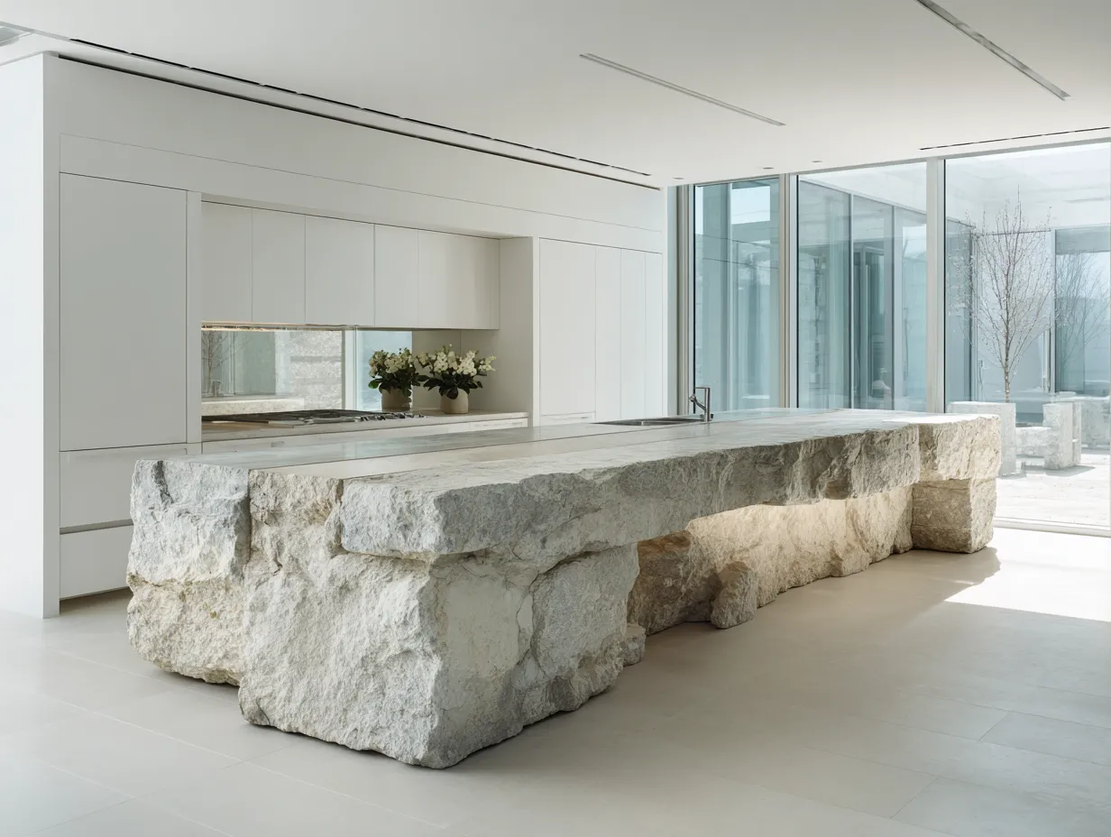 Minimalist kitchen island featuring antique limestone blocks