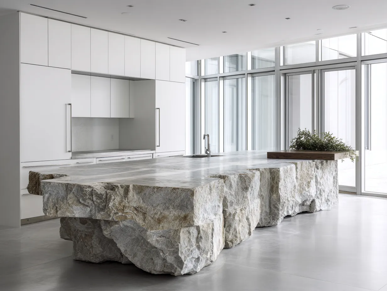 Modern kitchen design with reclaimed masonry focal point