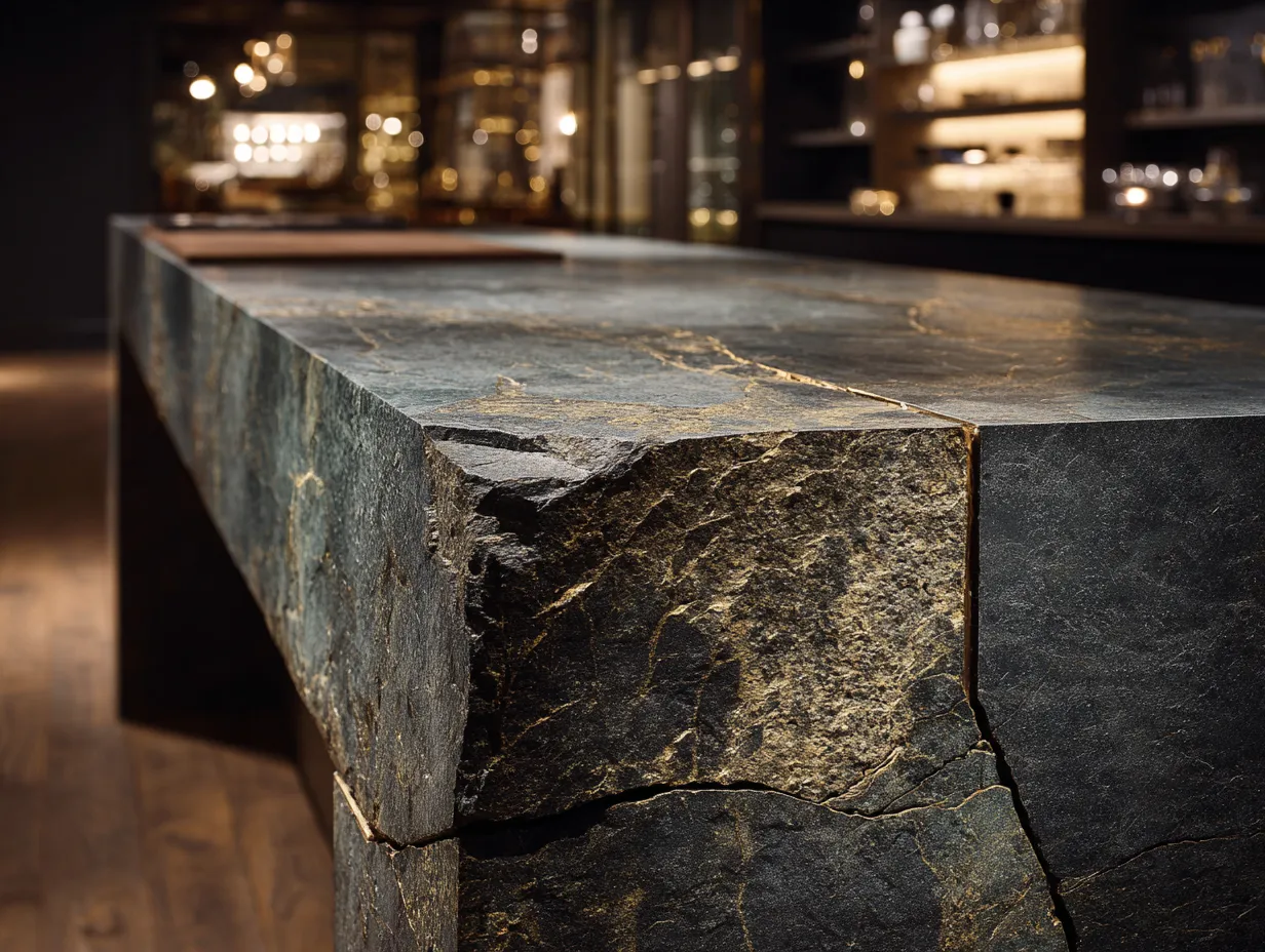 Weathered dark granite island in a luxury contemporary kitchen