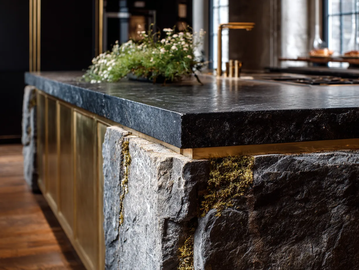 Sustainable luxury kitchen island made from dark salvaged granite