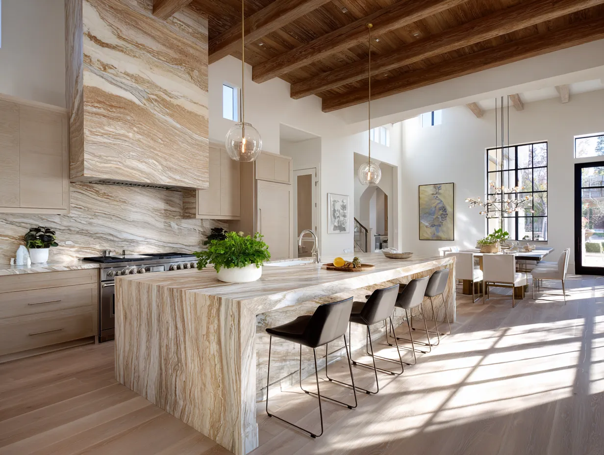 Warm sandstone reclaimed masonry in a bright interior