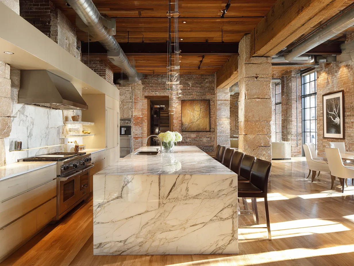 Innovative kitchen island using historic architectural stone