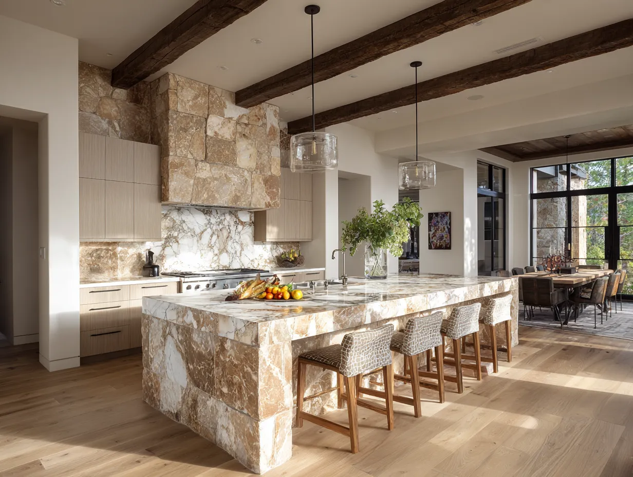 Stacked stone island design for modern open-plan kitchens