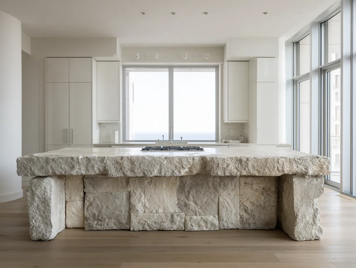 Light gray salvaged stone island in a bright contemporary home