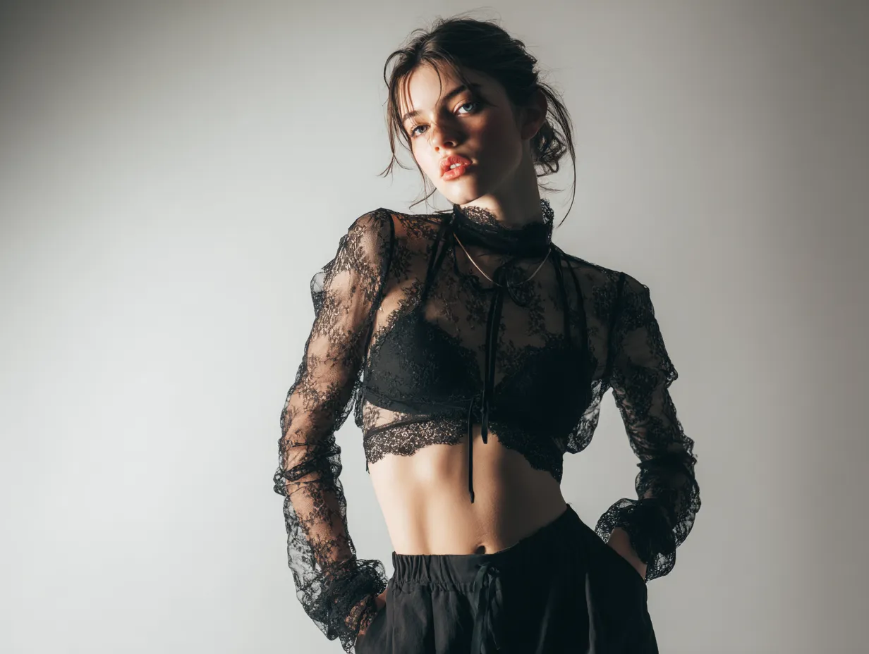 Model demonstrating how to style a transparent black blouse