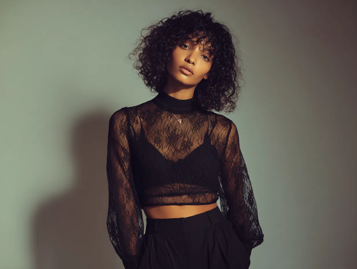 Elegant woman wearing a see through top with a solid bralette