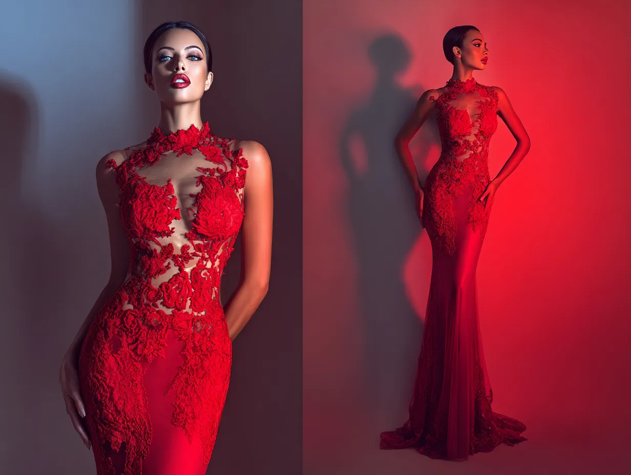 Studio lighting highlighting delicate textile craftsmanship on a dress