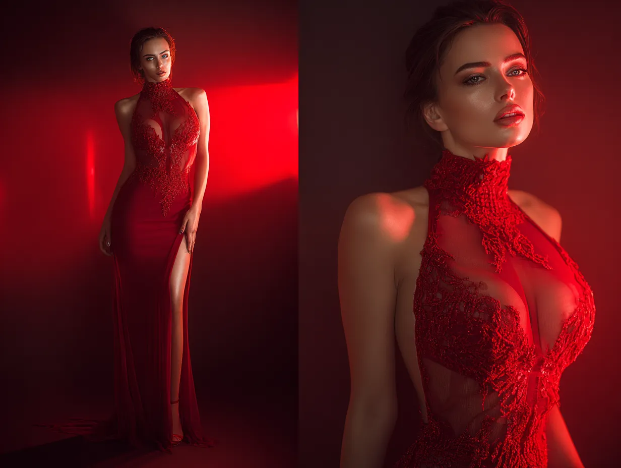 Elegant red carpet fashion featuring strategic illusion paneling