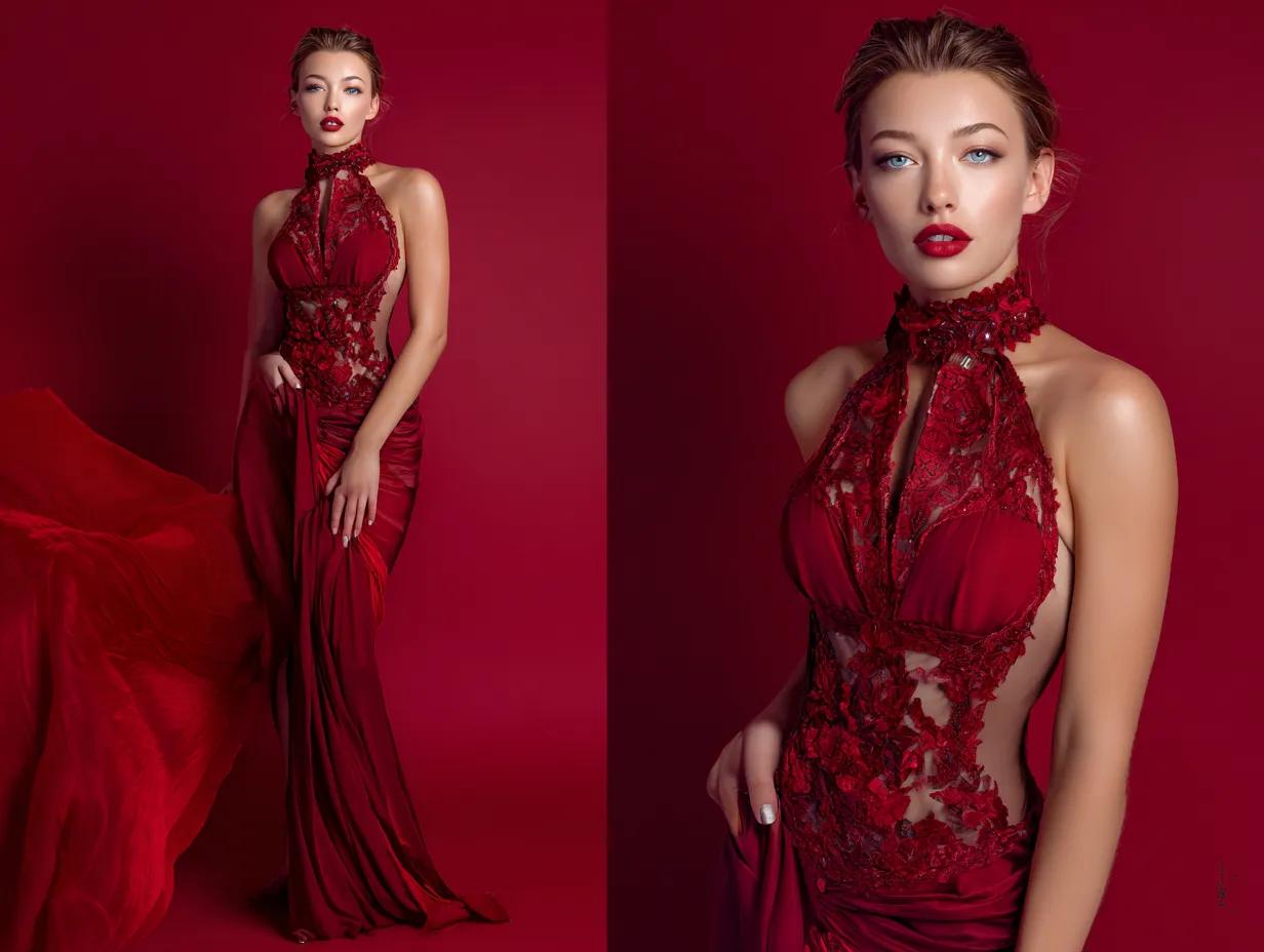 Super sexy model in a high fashion crimson gown