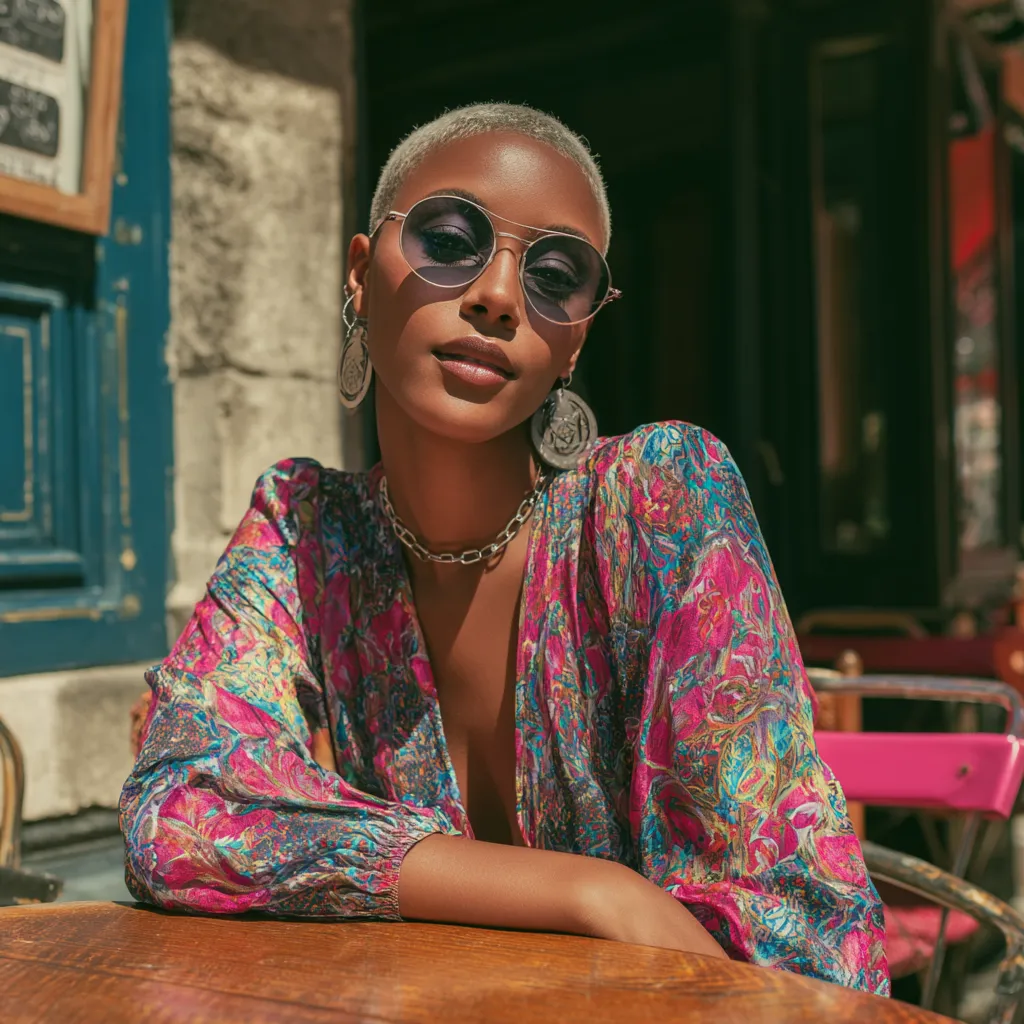 Confident woman with a textured straight edge cut at a sunny cafe 