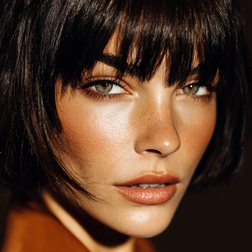beautiful woman with texturized bangs bright lighting
