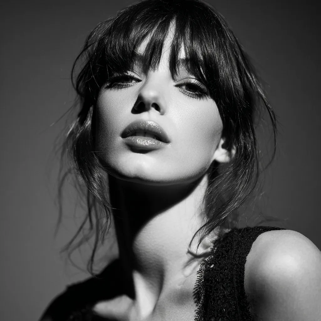 high contrast portrait of woman with sheer bangs
