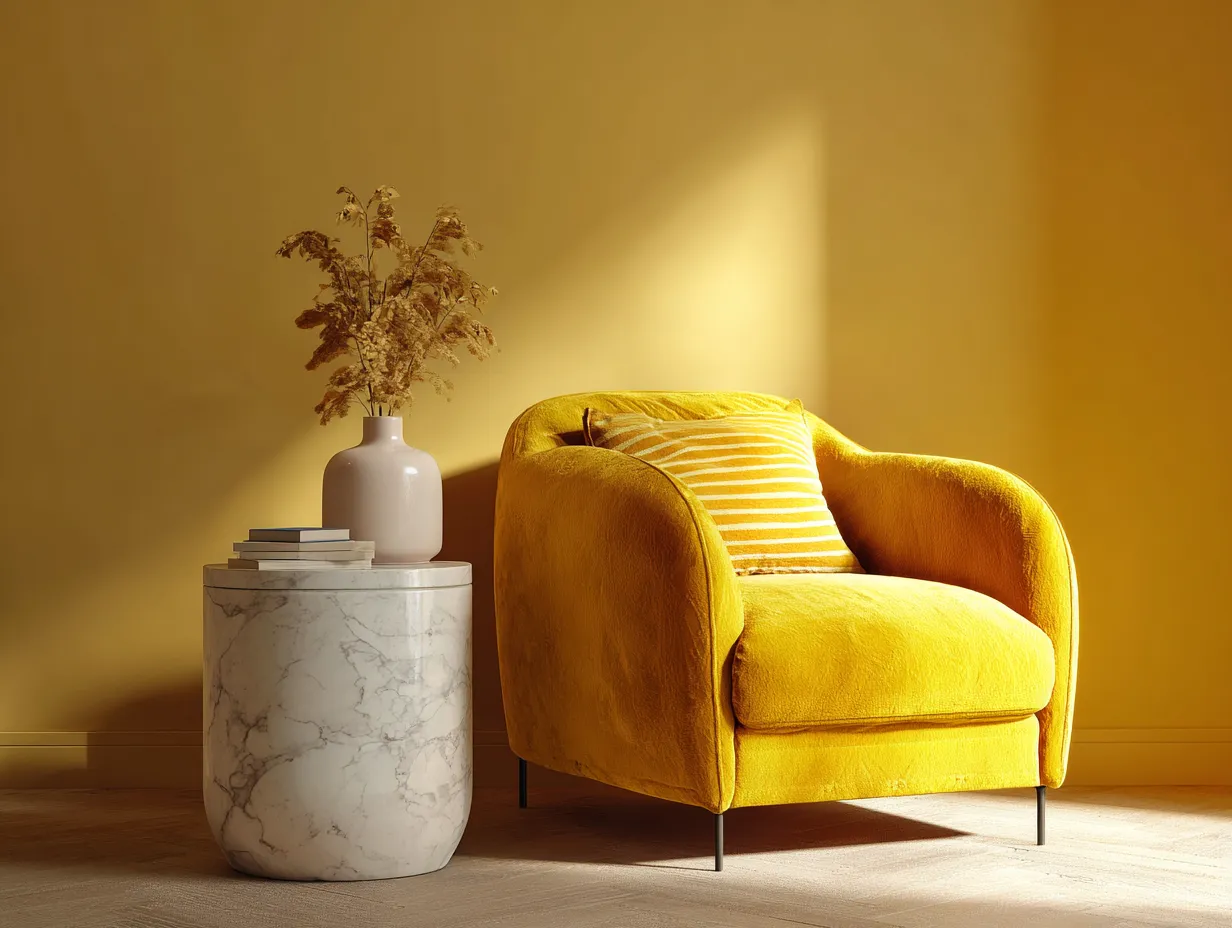 Close up of yellow velvet furniture in a sunny room