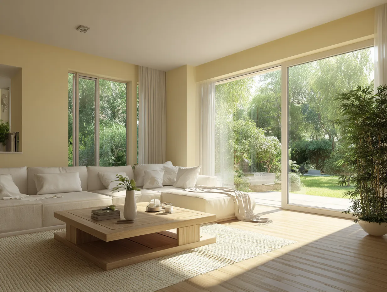 Sunlight hitting soft yellow walls in a contemporary home