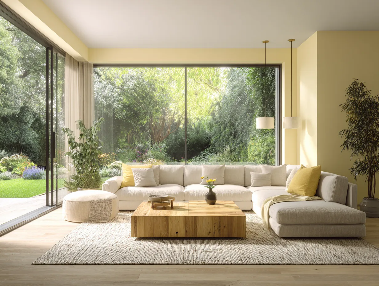Minimalist living room featuring warm butter yellow paint