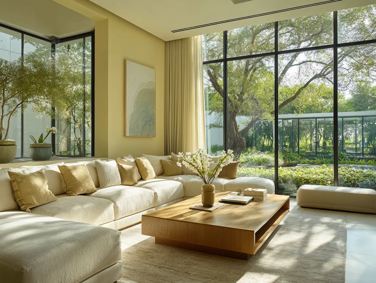 Modern living room with soft butter yellow walls and sunlight
