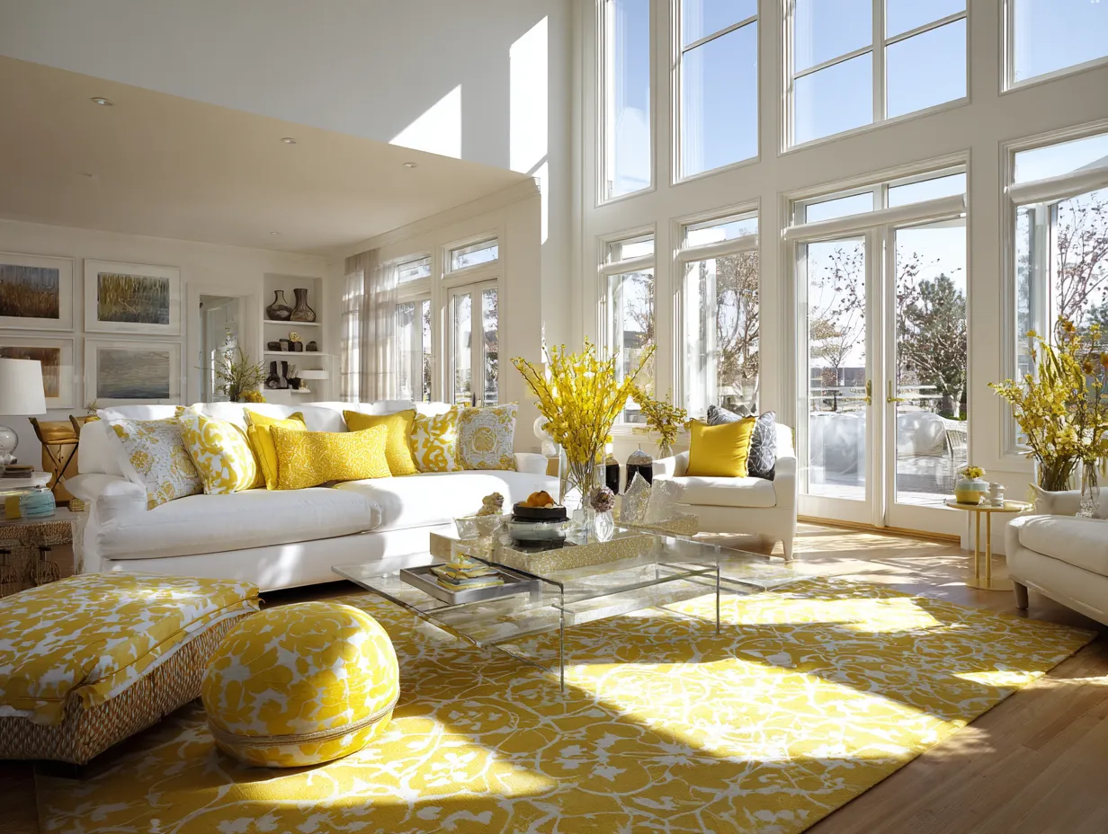 Modern interior with butter yellow rug and natural sunlight