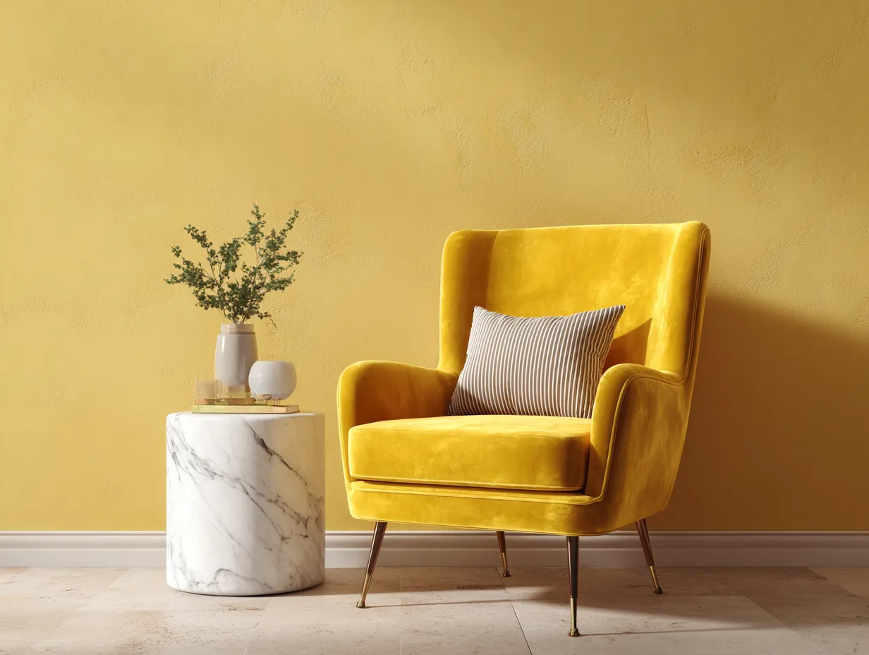 Butter yellow velvet armchair in a contemporary interior