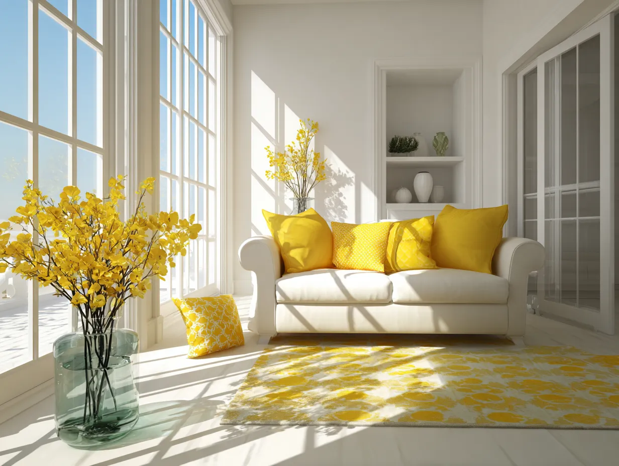 Living room styling with warm yellow decorative objects
