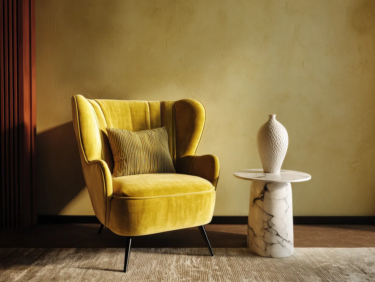 Modern living room decor with warm butter yellow accents