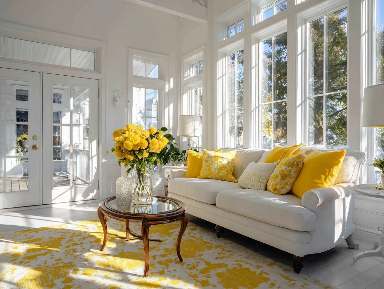 Sunny living room aesthetic with butter yellow throw pillows