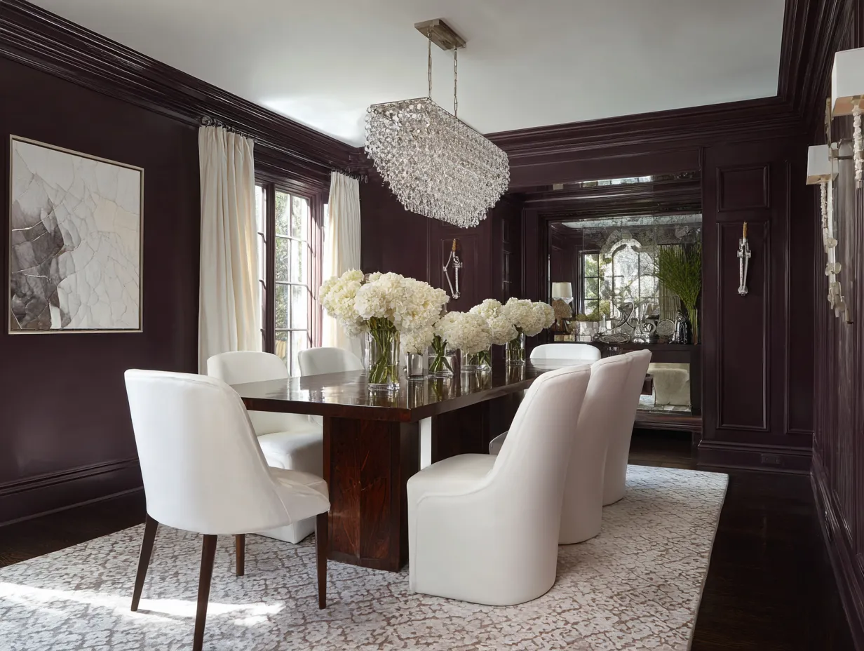 modern dining space with burgundy paint