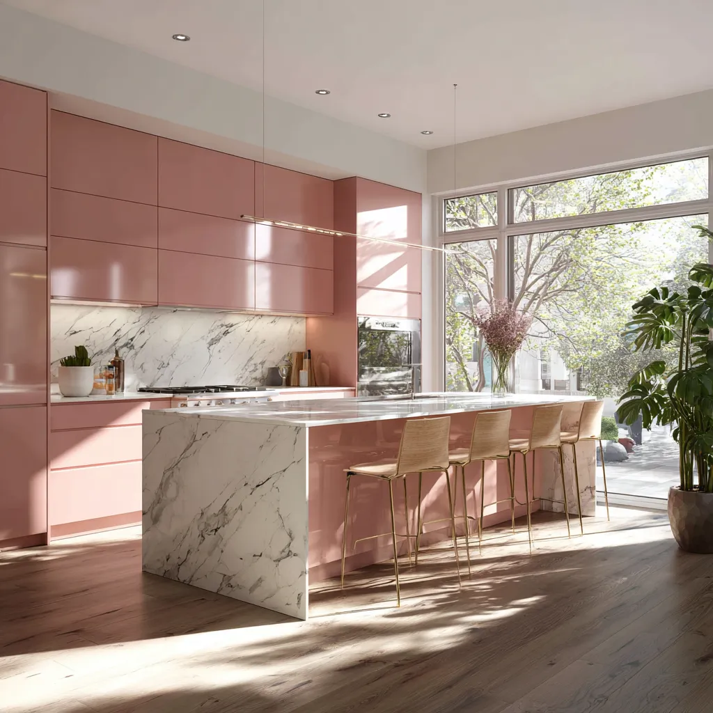 Muted pastel kitchen cabinets with white countertops