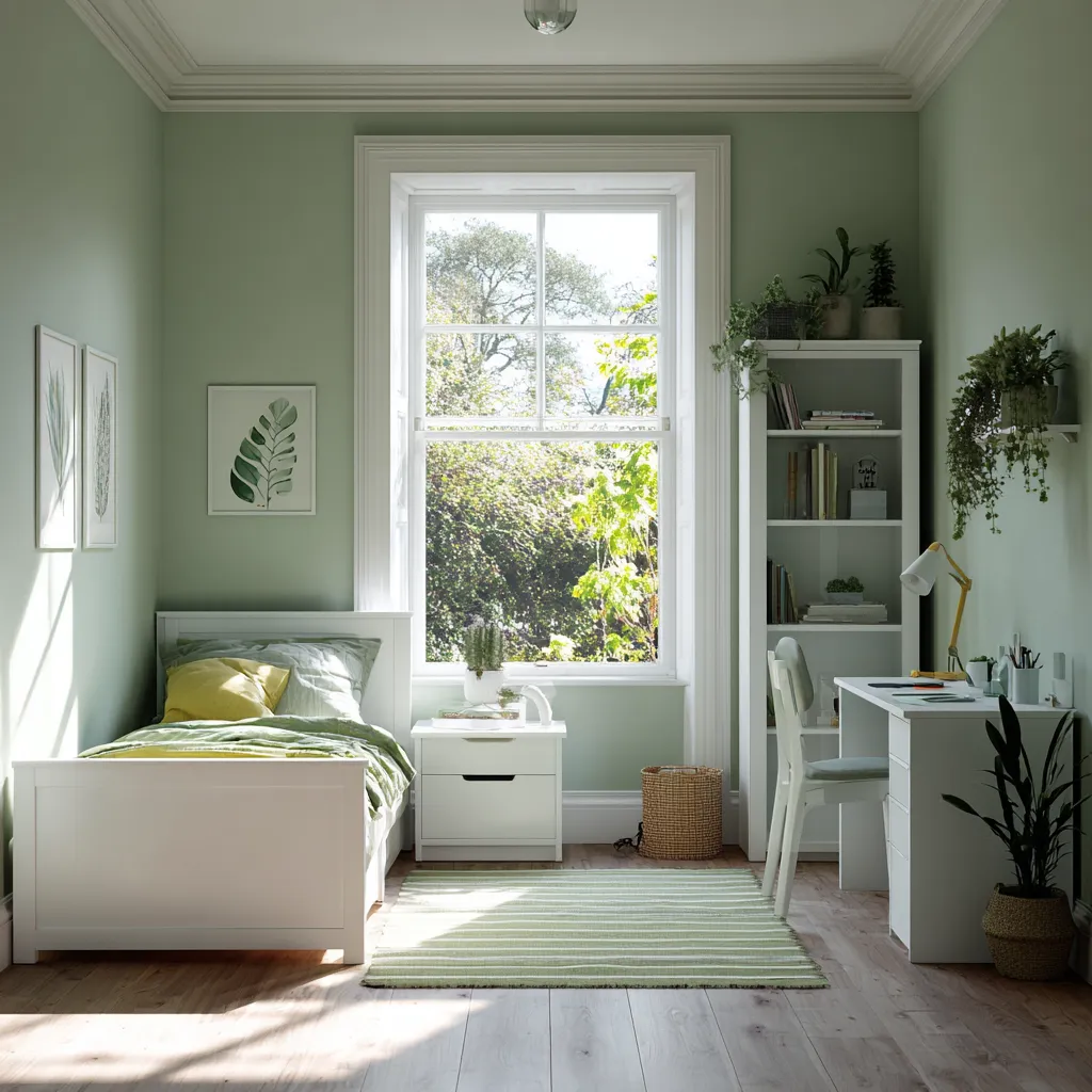 High contrast white furniture against soft green walls