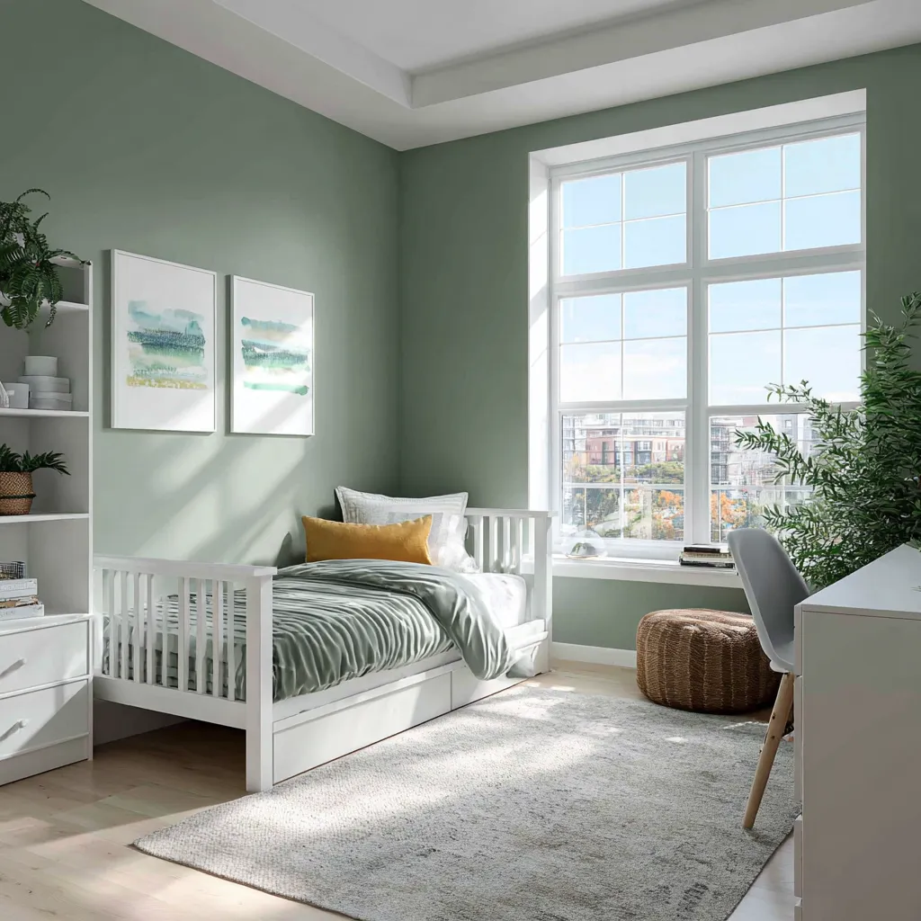 Calming nursery decor with muted pastel paint