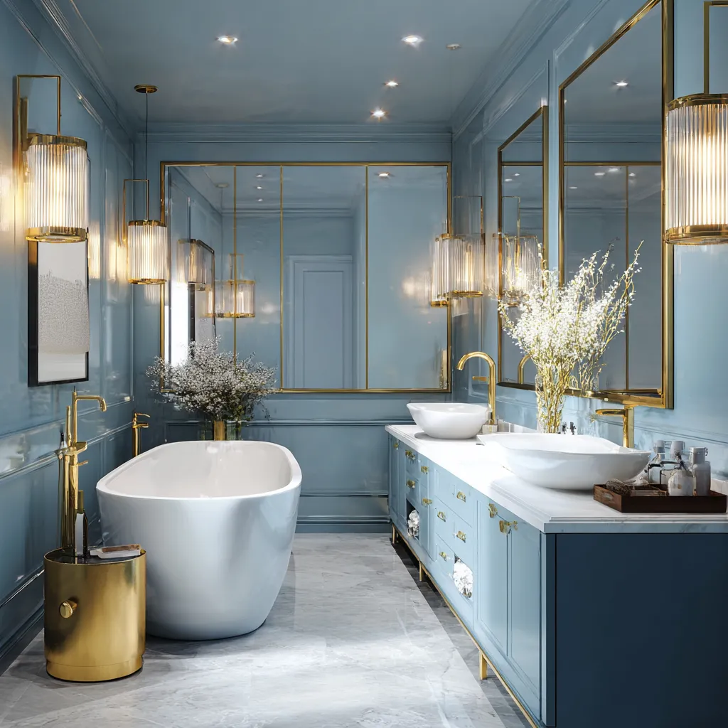 Earthy pastel bathroom paint and gold fixtures