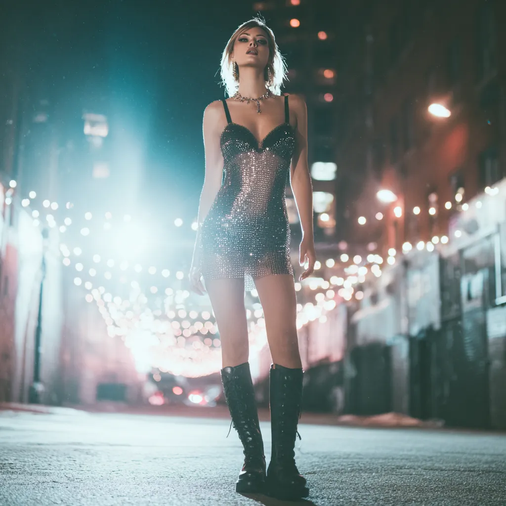 High fashion nightlife outfit with sequins and boots
